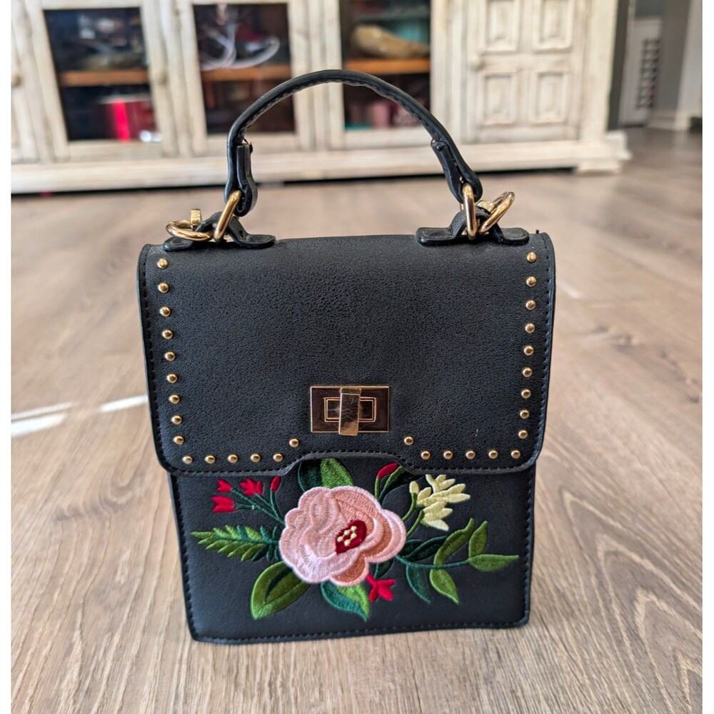 Mellow World Black Faux Leather Studded Floral Embroidered Crossbody Handbag
